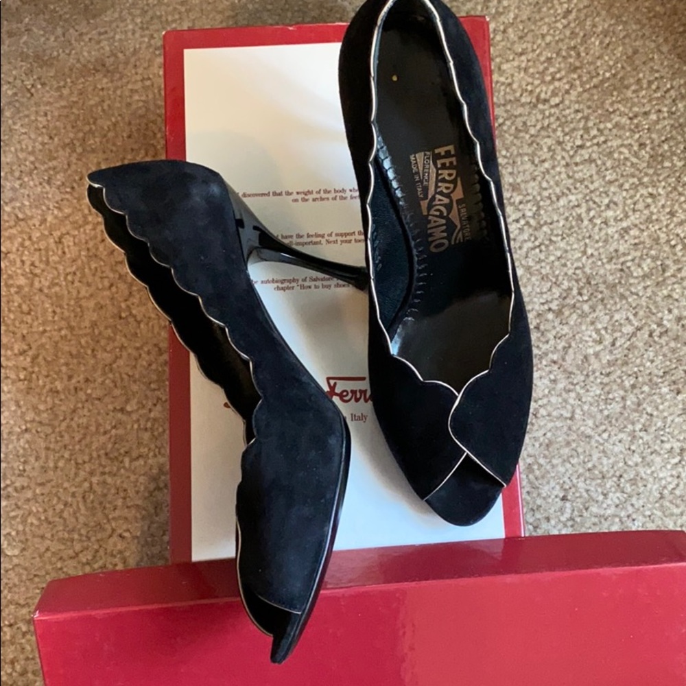 Salvatore Ferragamo Suede Peep Toe Pumps